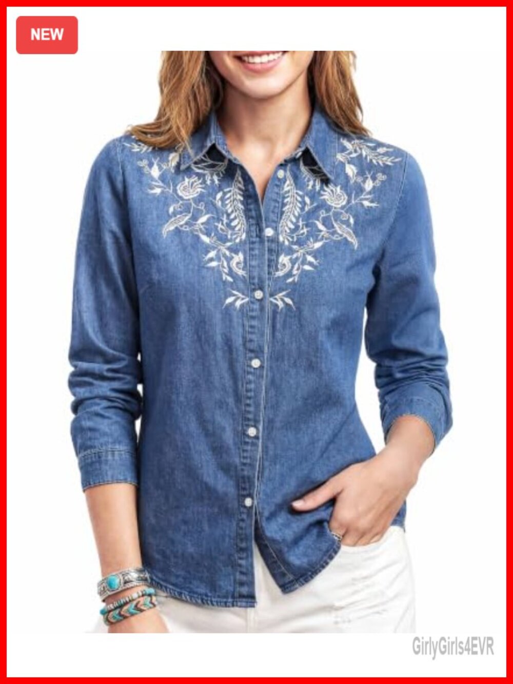 Lyocell Denim Button Down Shirt Floral Embroidered Western Cowgirl Blouse